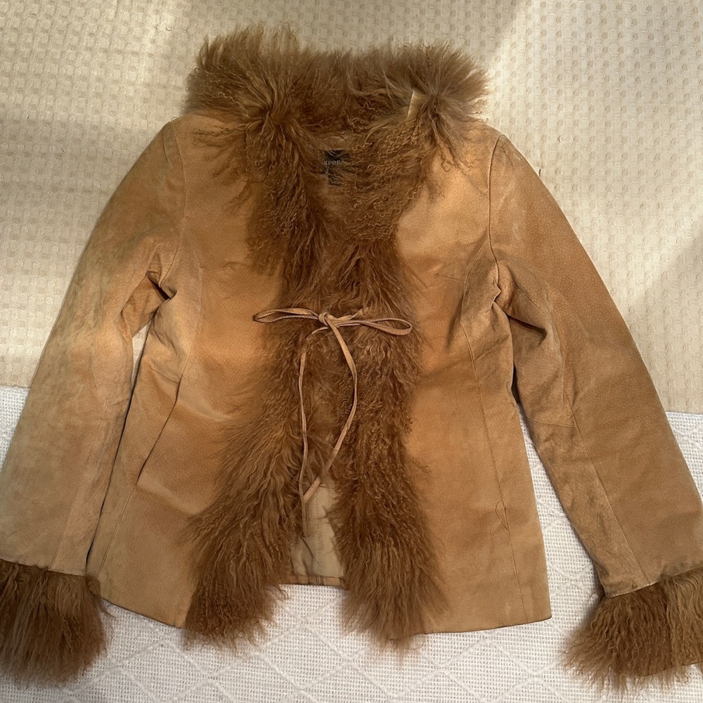 Express Tan Teddy Jacket with Faux Fur Trim